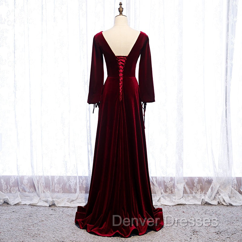 Burgundy Velvet Long Sleeves A-line Prom Dress, Long Simple Bridesmaid Dress