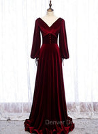 Burgundy Velvet Long Sleeves A-line Prom Dress, Long Simple Bridesmaid Dress