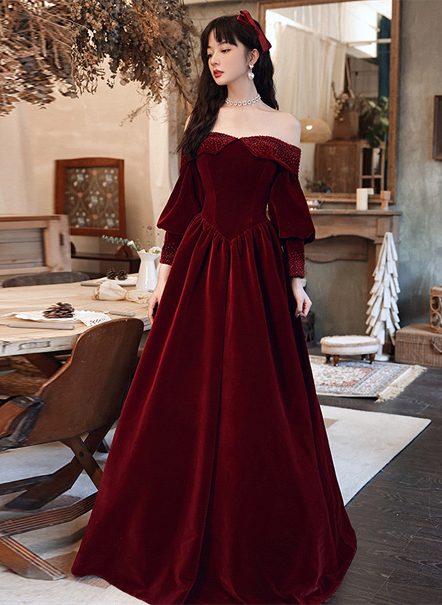 Burgundy Velvet Long Sleeves Beaded Prom Dress, Sweetheart Long Formal Dress Main image