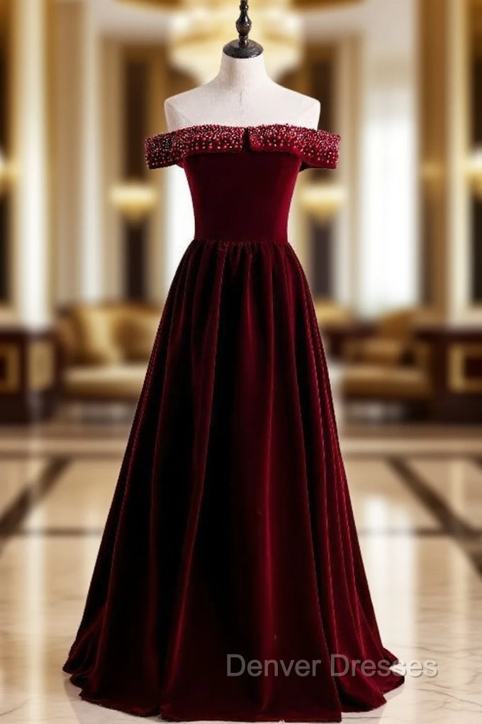 Burgundy Velvet Off the Shoulder Beading Prom Dress