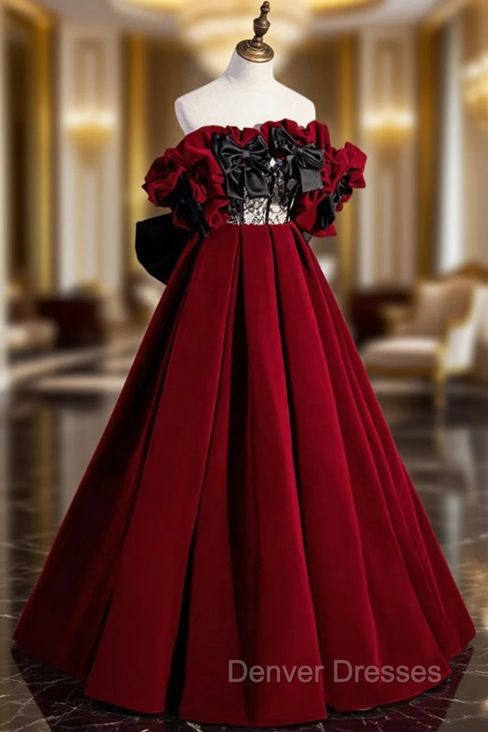 Burgundy Velvet Off the Shoulder Floor Length Prom Dress Main image