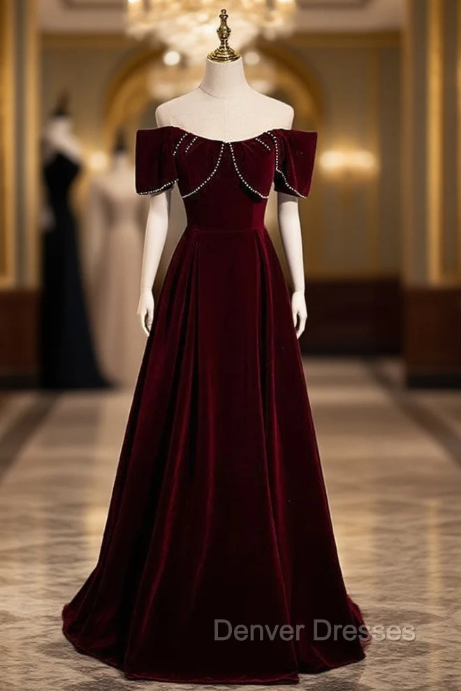 Burgundy Velvet Off the Shoulder Pearls Prom Dress Main image