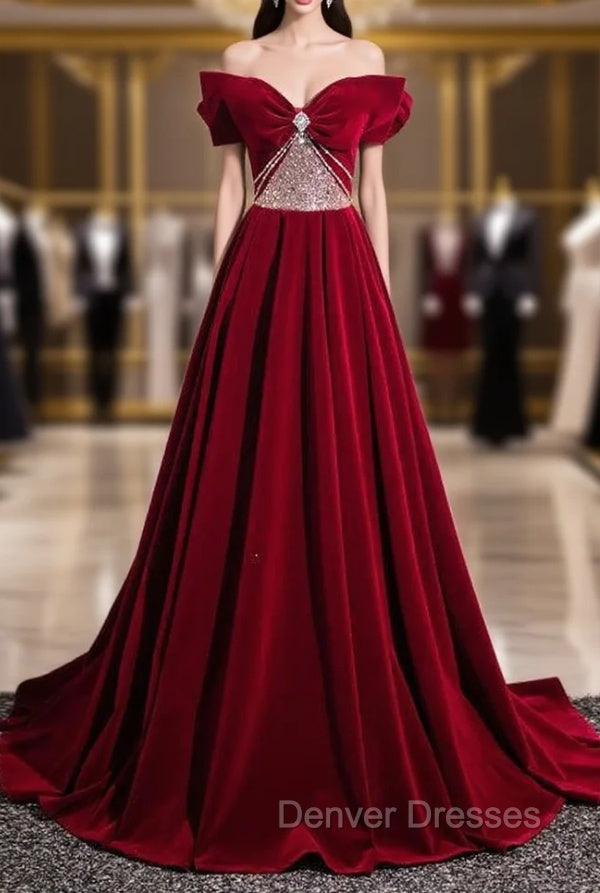 Burgundy Velvet Off the Shoulder Pleats Beading Prom Dress