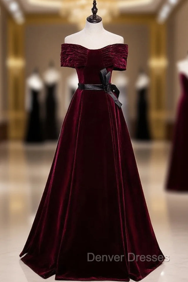 Burgundy Velvet Off the Shoulder Pleats Prom Dress With Belt