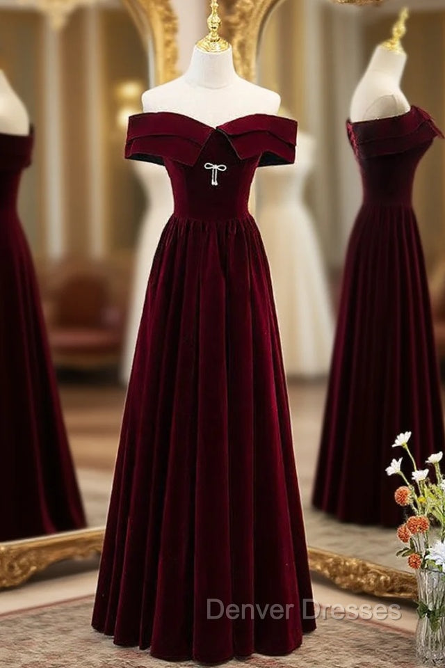 Burgundy Velvet Off the Shoulder Prom Dress Main image
