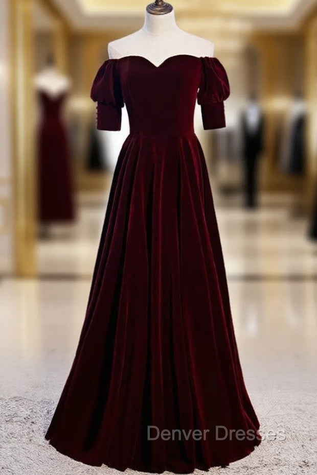 Burgundy Velvet Off the Shoulder Short Sleeve Prom Dress Main image