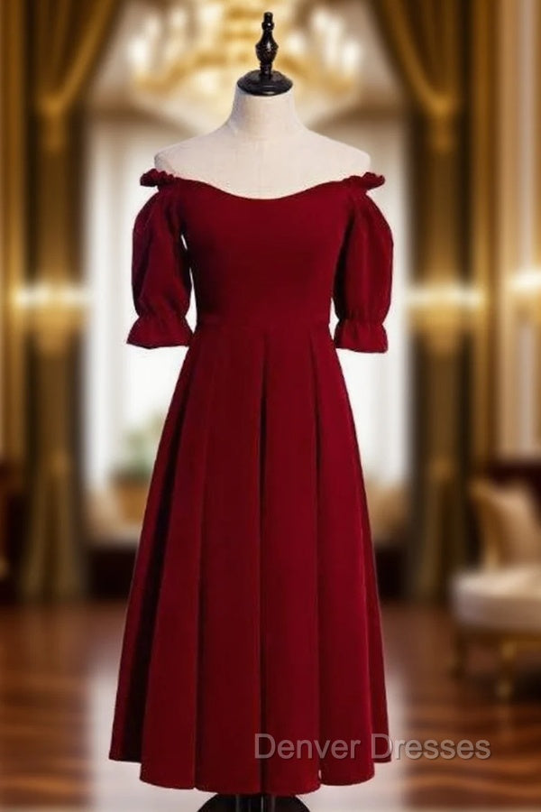 Burgundy Velvet Off the Shoulder Short Sleeve Tea Length Prom Dress Main image