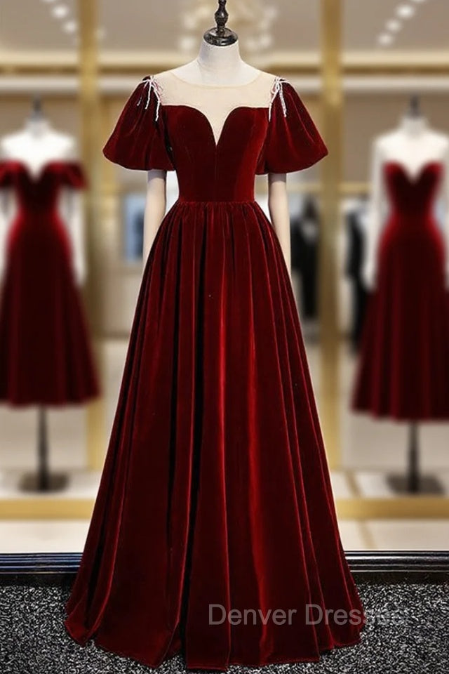 Burgundy Velvet Puff Sleeve Beading Prom Dress Main image