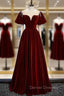 Burgundy Velvet Puff Sleeve Beading Prom Dress