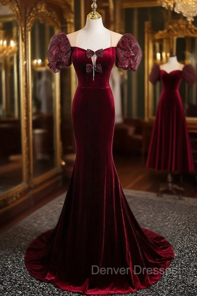 Burgundy Velvet Puff Sleeve Bow Prom Dress Main image