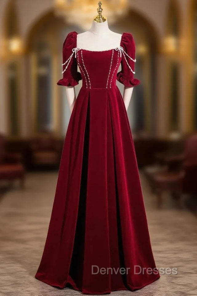 Burgundy Velvet Puff Sleeve Pearls Prom Dress Main image