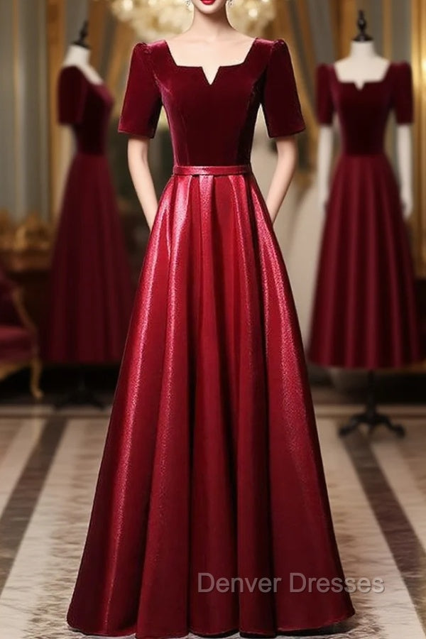 Burgundy Velvet Satin Short Sleeve Prom Dress