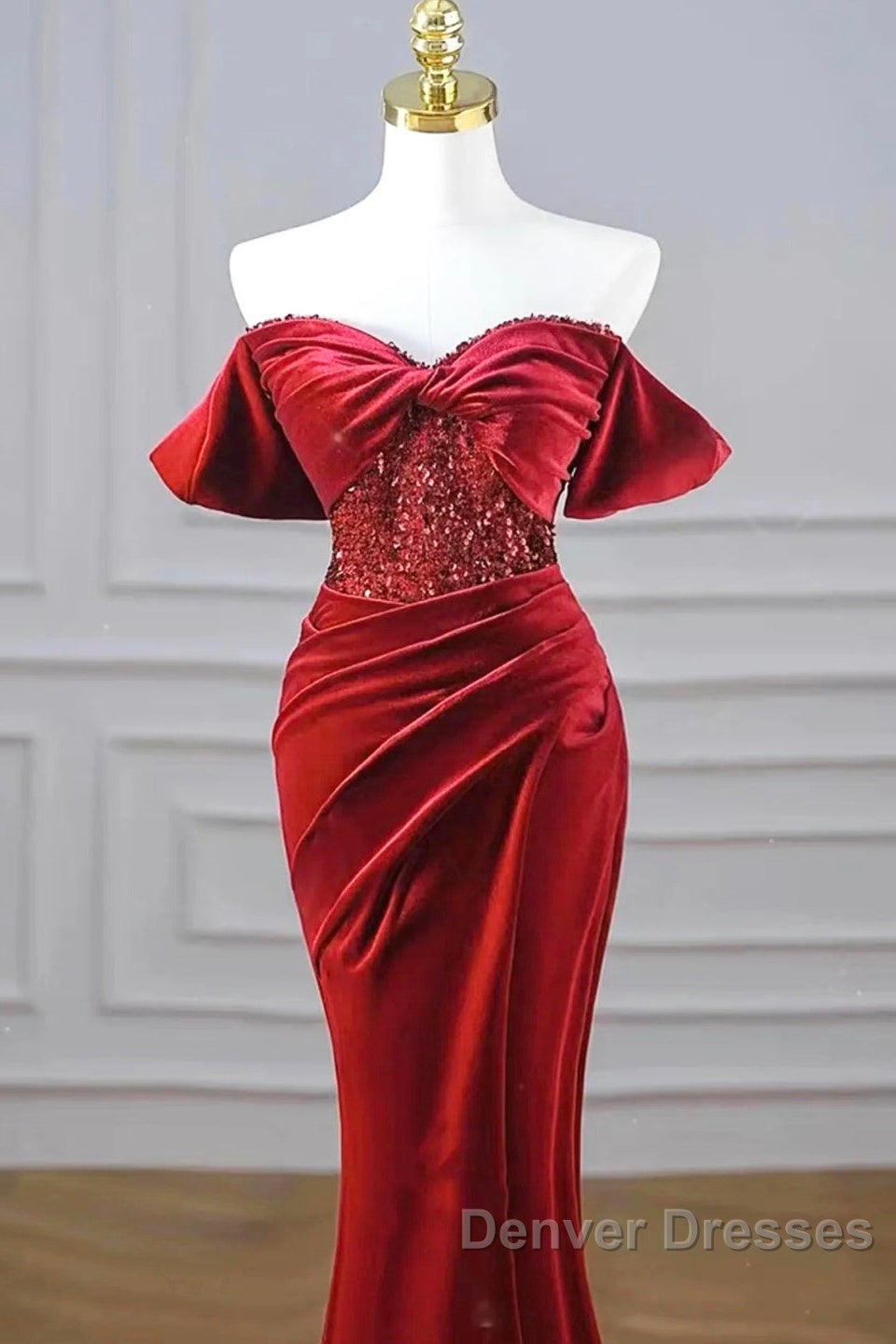 Burgundy Velvet Sequins Long Prom Dress, Mermaid Off The Shoulder Party Dress With Slit