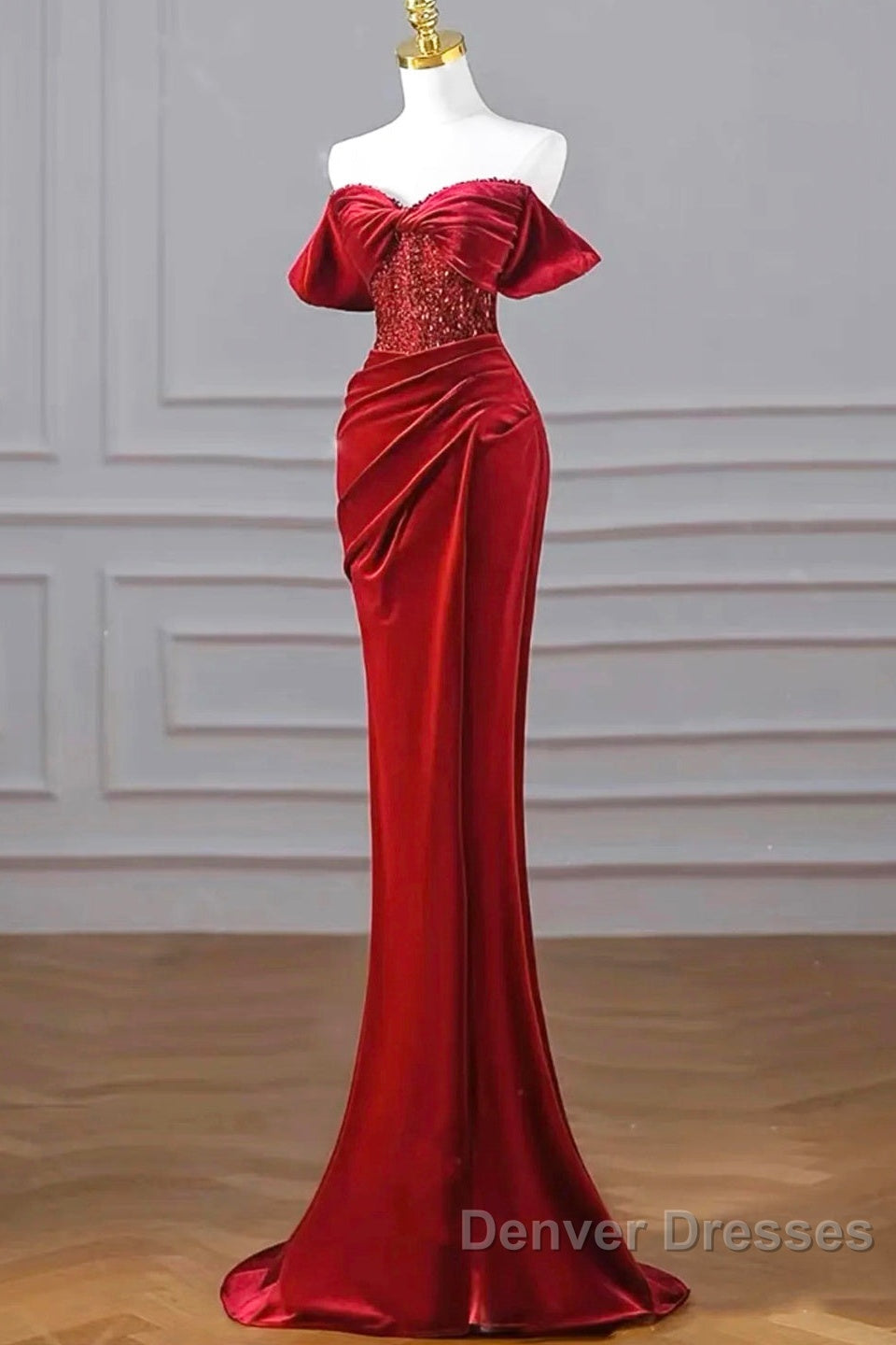 Burgundy Velvet Sequins Long Prom Dress, Mermaid Off The Shoulder Party Dress With Slit