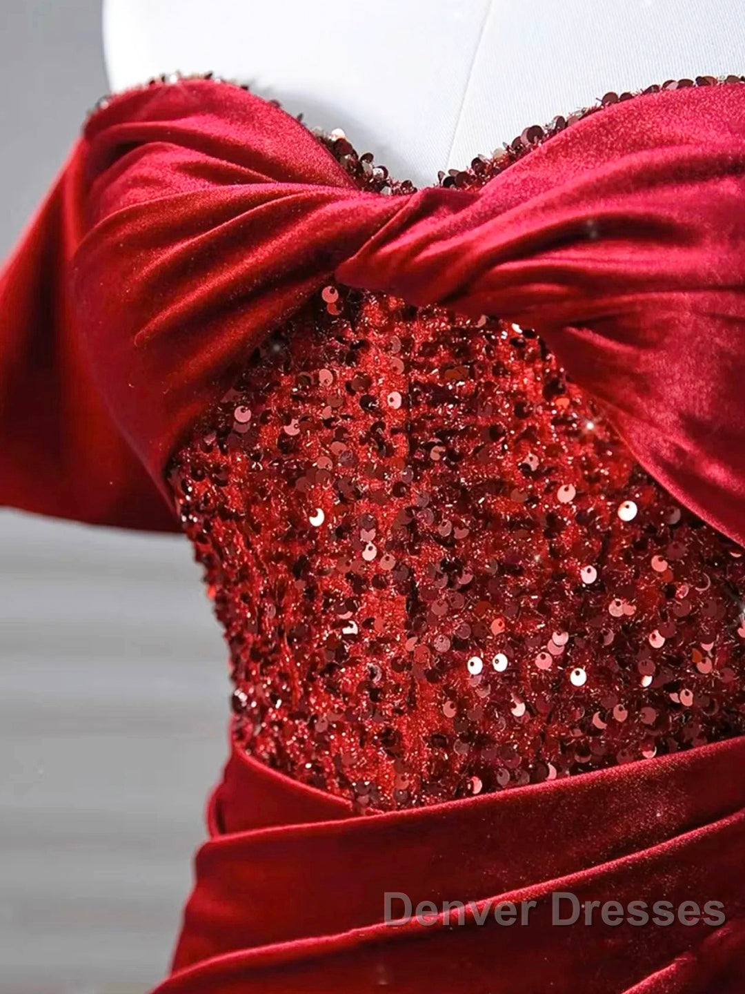 Burgundy Velvet Sequins Long Prom Dress, Mermaid Off The Shoulder Party Dress With Slit