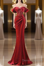 Burgundy Velvet Sequins Long Prom Dress, Mermaid Off The Shoulder Party Dress With Slit