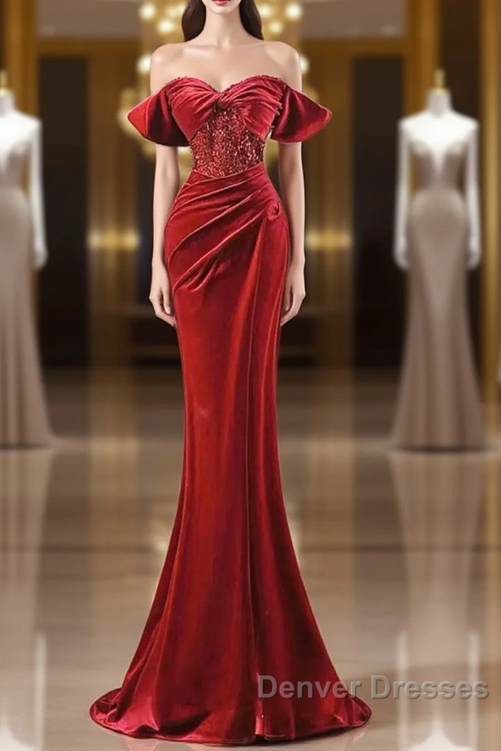 Burgundy Velvet Sequins Long Prom Dress, Mermaid Off The Shoulder Party Dress With Slit