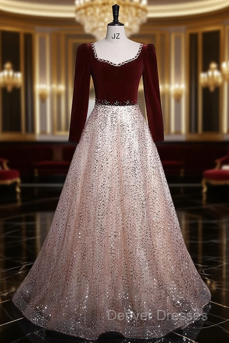 Burgundy Velvet Sequins Long Sleeve Beading Prom Dress Main image