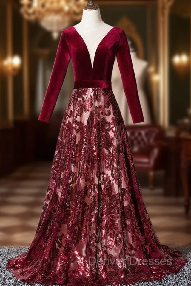 Burgundy Velvet Sequins Long Sleeve See Though V-neck Prom Dress Main image