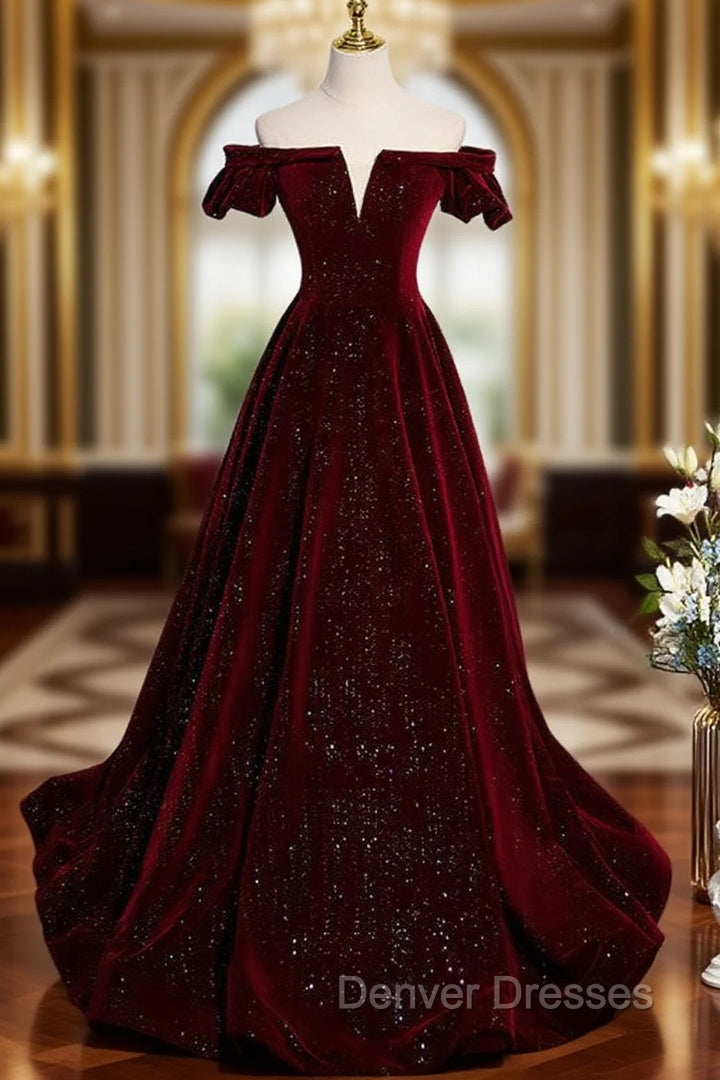 Burgundy Velvet Sequins Off the Shoulder Prom Dress Main image