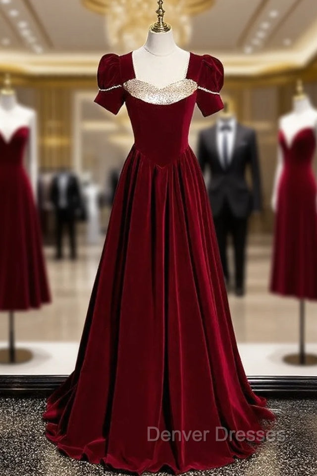 Burgundy Velvet Sequins Square Short Sleeve Prom Dress Main image