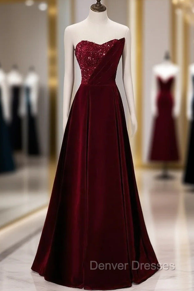 Burgundy Velvet Sequins Strapless Prom Dress