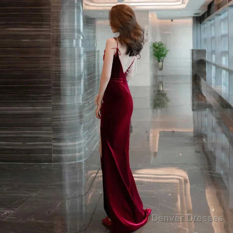 Burgundy Velvet Sexy Mermaid Slit Long Evening Dress, Backless Prom Dress Party Dress Secondary image