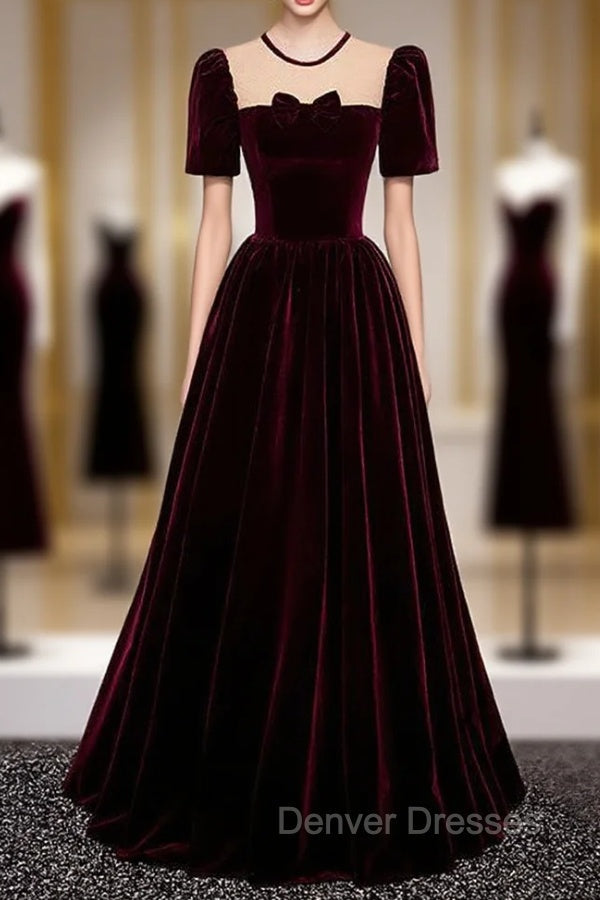 Burgundy Velvet Short Sleeve Bow Prom Dress