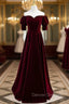 Burgundy Velvet Short Sleeve Long Prom Dress