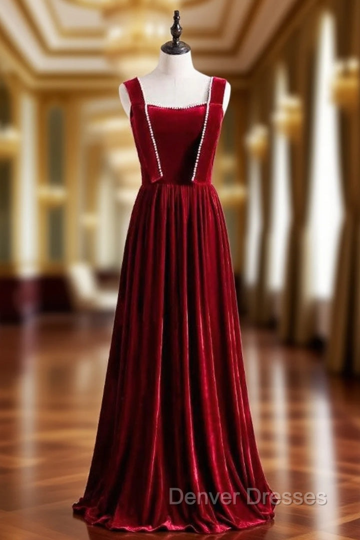Burgundy Velvet Sleeveless Pearls Long Prom Dress