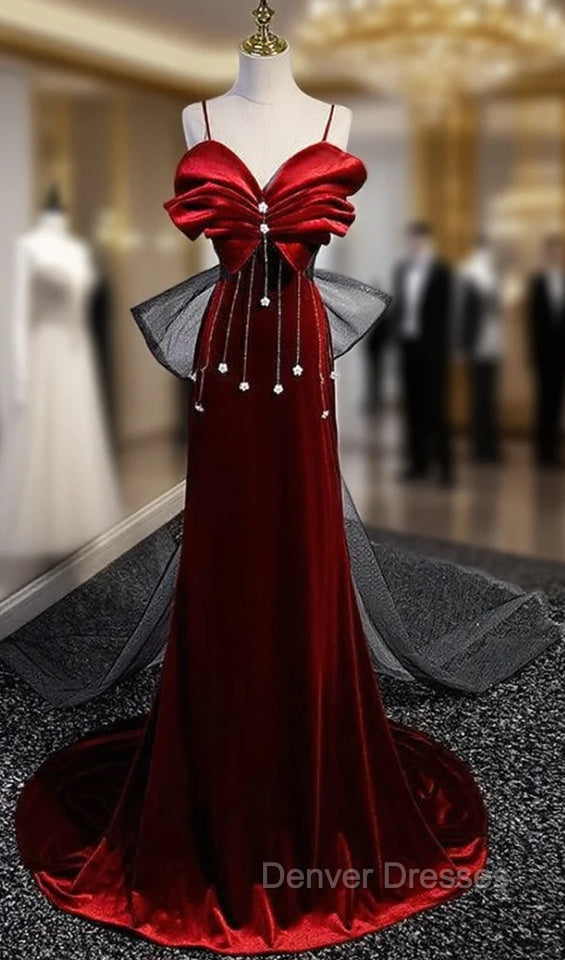 Burgundy Velvet Spaghetti Straps Pleats Prom Dress Main image