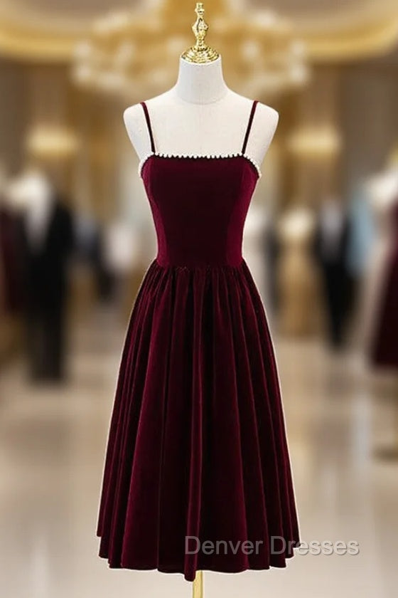 Burgundy Velvet Spaghetti Straps Tea Length Prom Dress Main image