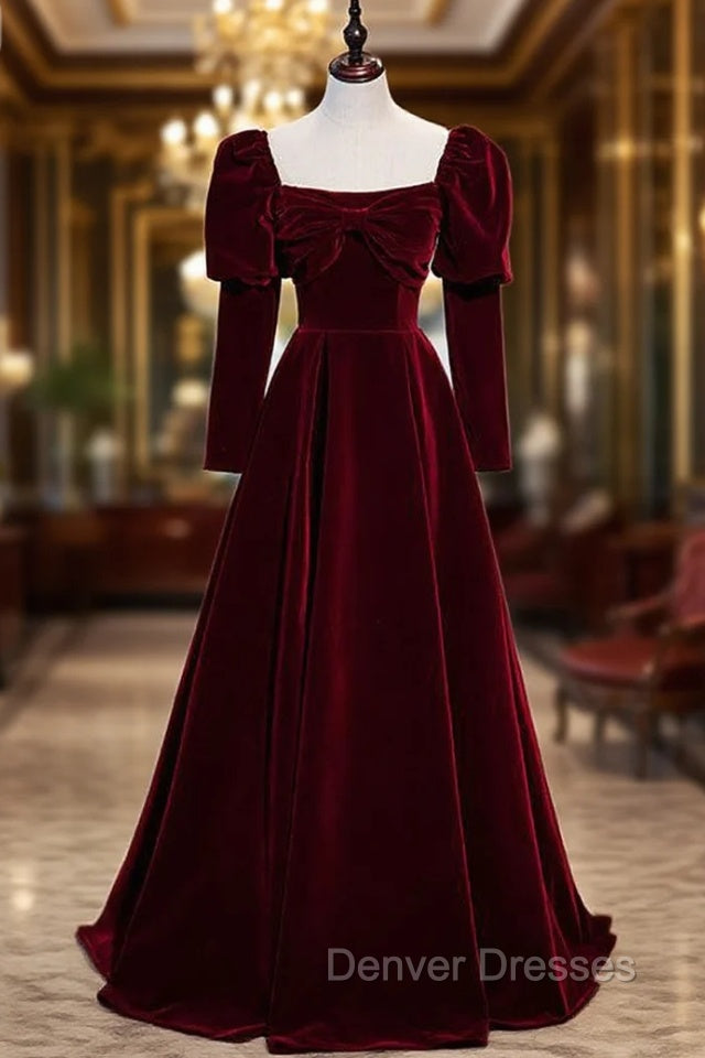 Burgundy Velvet Square Bow Long Sleeve Prom Dress Main image
