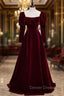 Burgundy Velvet Square Bow Long Sleeve Prom Dress