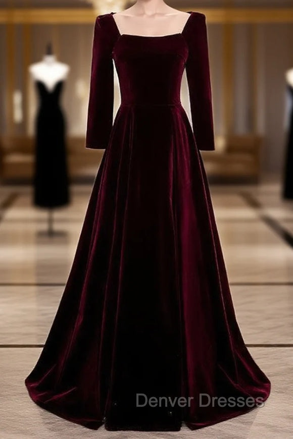 Burgundy Velvet Square Long Sleeve Long Prom Dress Main image