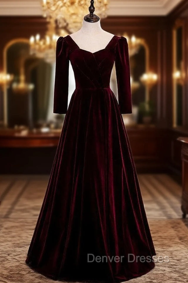 Burgundy Velvet Square Long Sleeve Prom Dress Main image