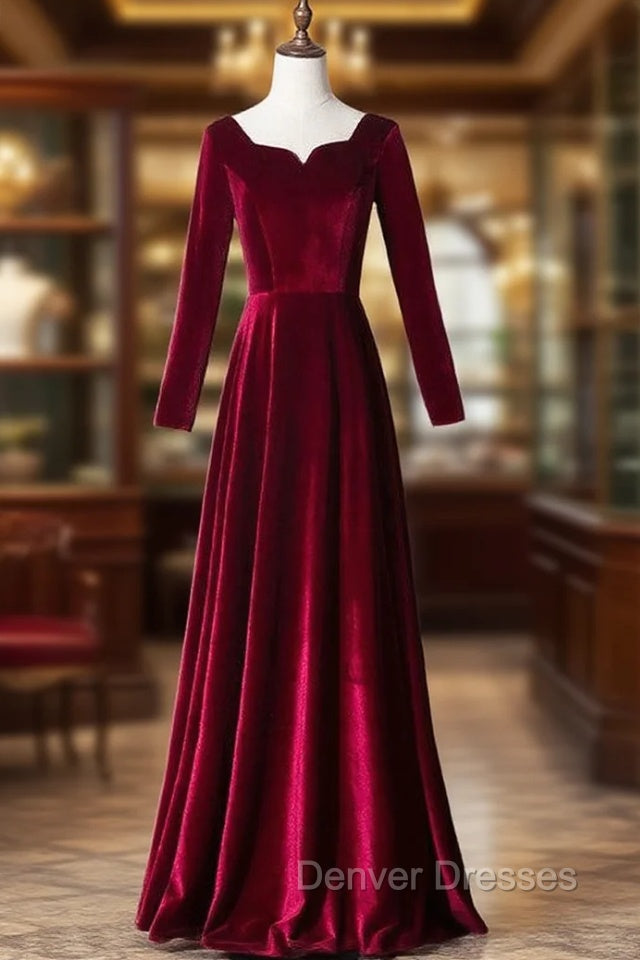 Burgundy Velvet Square Neck Long Sleeve Prom Dress Main image