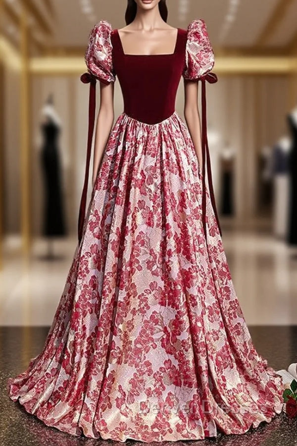 Burgundy Velvet Square Neck Puff Sleeve Prom Dress Main image