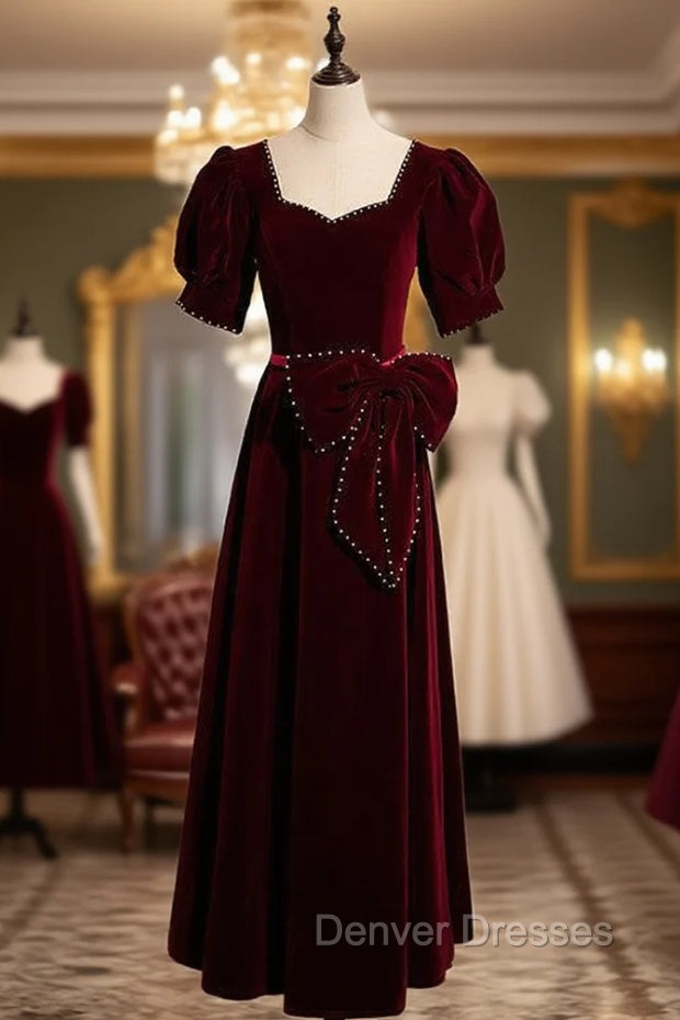 Burgundy Velvet Square Puff Sleeve Pearls Prom Dress Main image