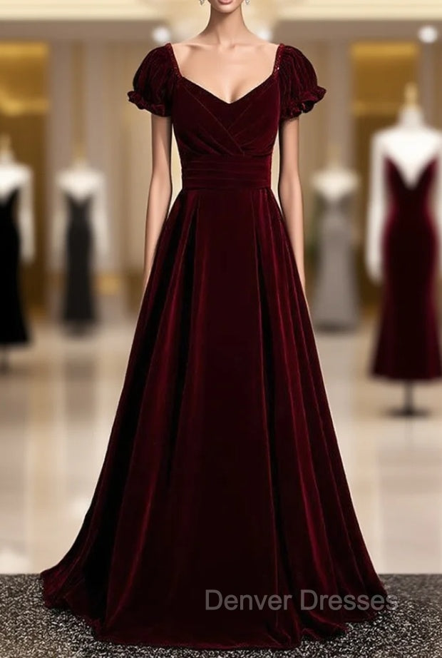 Burgundy Velvet Square Puff Sleeve Pleats Prom Dress Main image