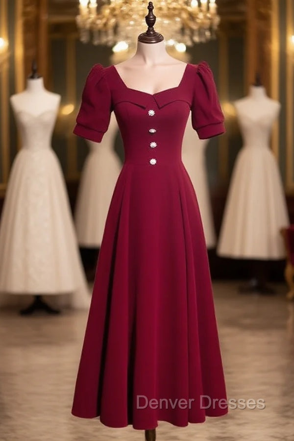 Burgundy Velvet Square Puff Sleeve Prom Dress