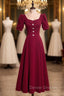 Burgundy Velvet Square Puff Sleeve Prom Dress