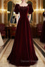 Burgundy Velvet Square Short Sleeve Beading Prom Dress