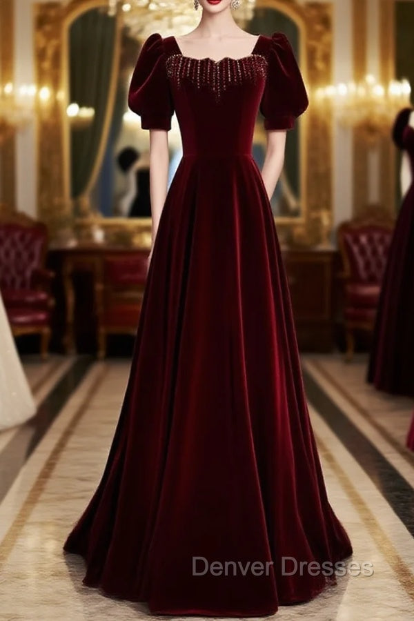 Burgundy Velvet Square Short Sleeve Beading Prom Dress Main image