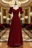 Burgundy Velvet Square Short Sleeve Long Prom Dress