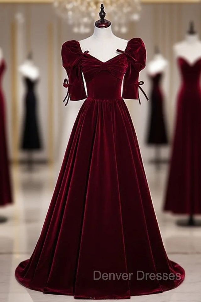 Burgundy Velvet Square Short Sleeve Pleats Prom Dress Main image