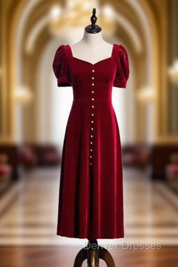 Burgundy Velvet Square Short Sleeve Prom Dress Main image