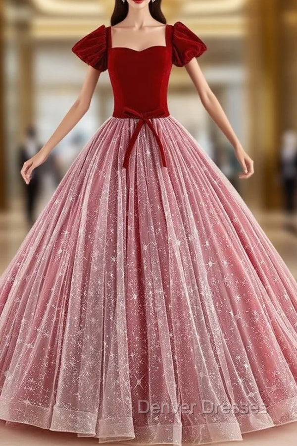 Burgundy Velvet Square Short Sleeve Quinceanera Dress