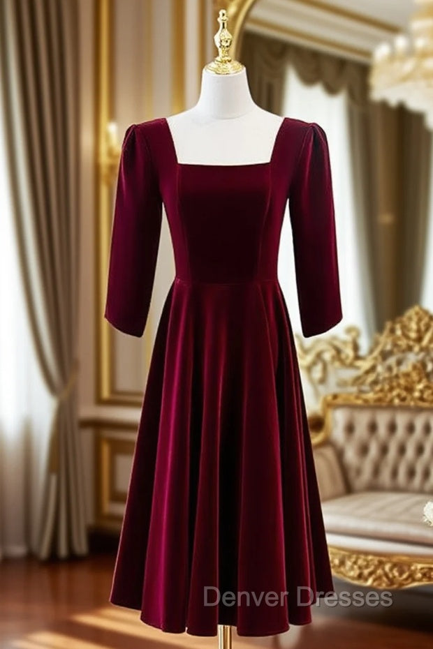 Burgundy Velvet Square Short Sleeve Short Prom Dress