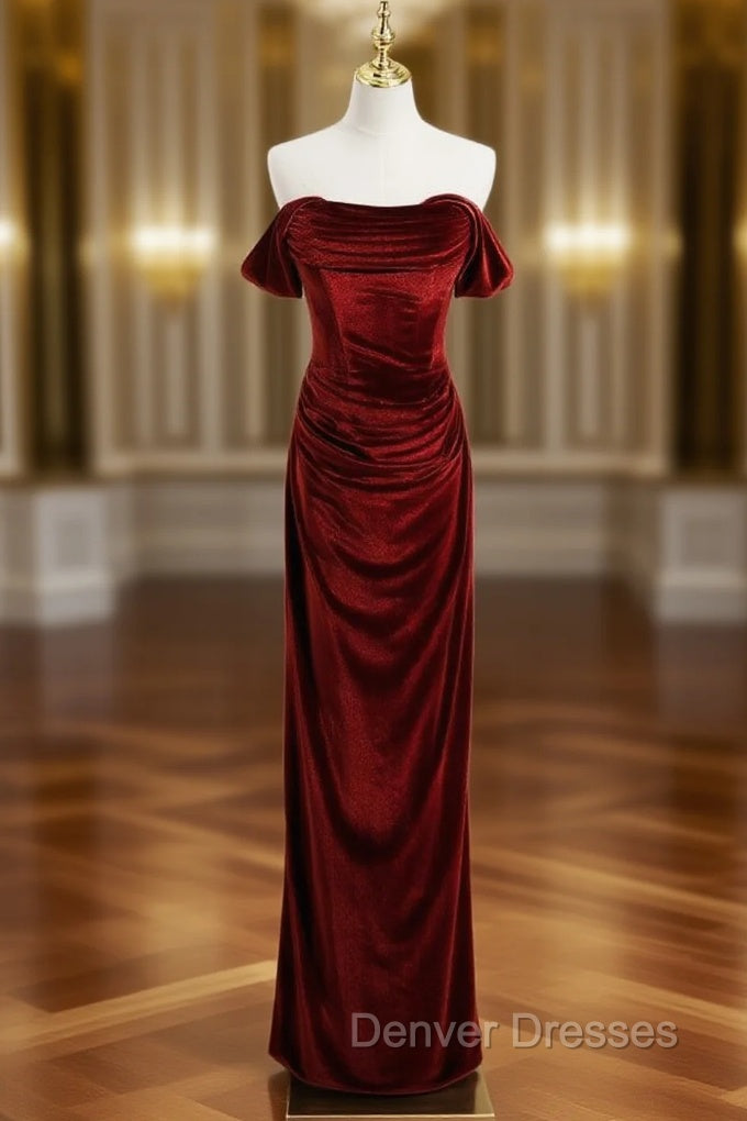 Burgundy Velvet Strapless Pleats Prom Dress Main image